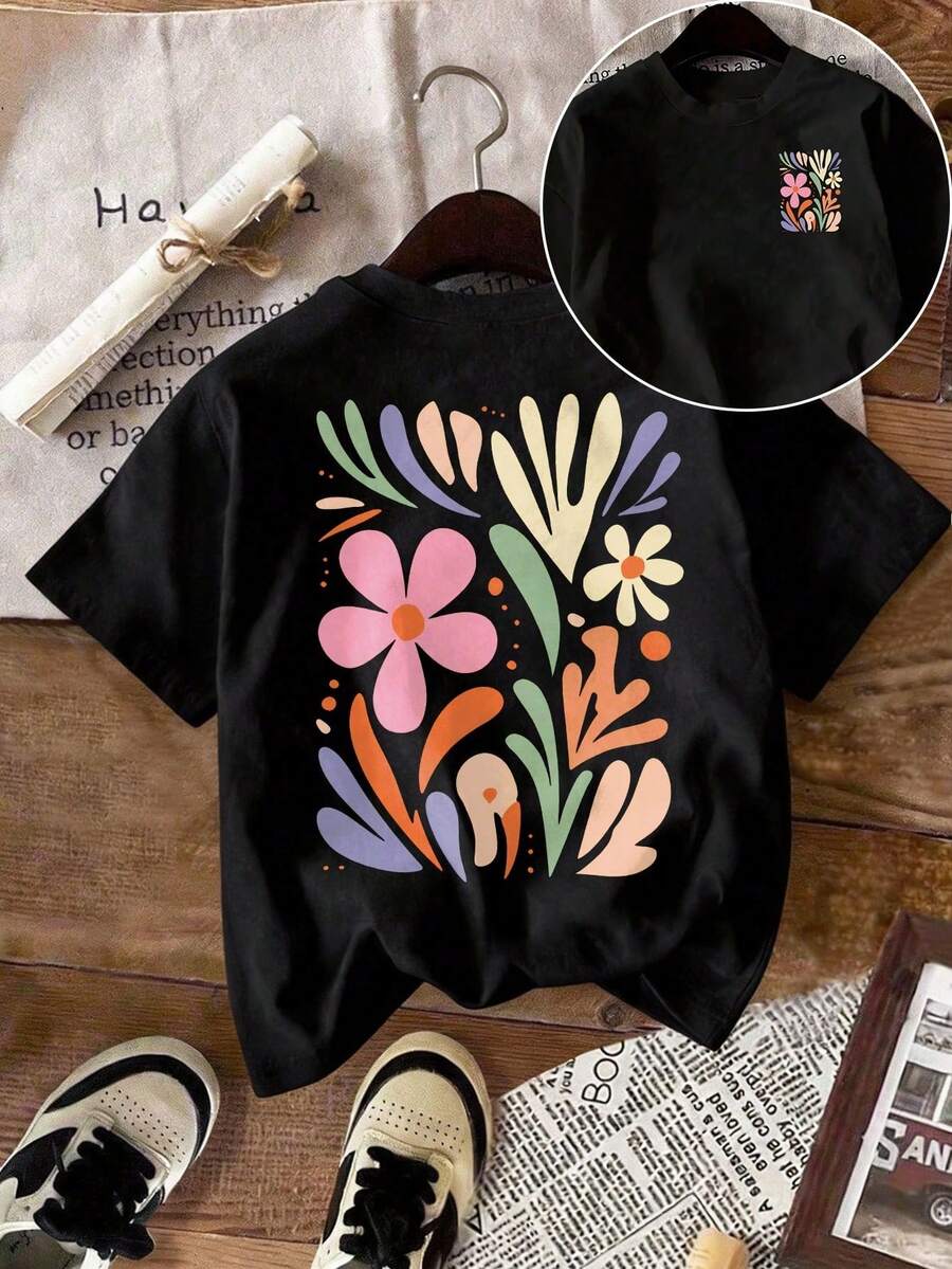 Summery, Loose-Fitting Women's T-Shirt, Relaxed-Fit Plus-Size T-Shirt With A Soft, Multicolored Floral Pattern - Casual Short-Sleeved Top With A Round Neck For Spring - Black - View 1