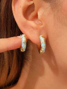 1 Pair Fashion New Gilded Copper Floral Enamel Hoop Earrings, Suitable For Women And Girls - Baby Blue - View 2