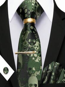5Pcs Men Accessory Kit, Unique Green Skull Print, Complete Matching Combo For Groom Daily & Party Wear - Green - View 1