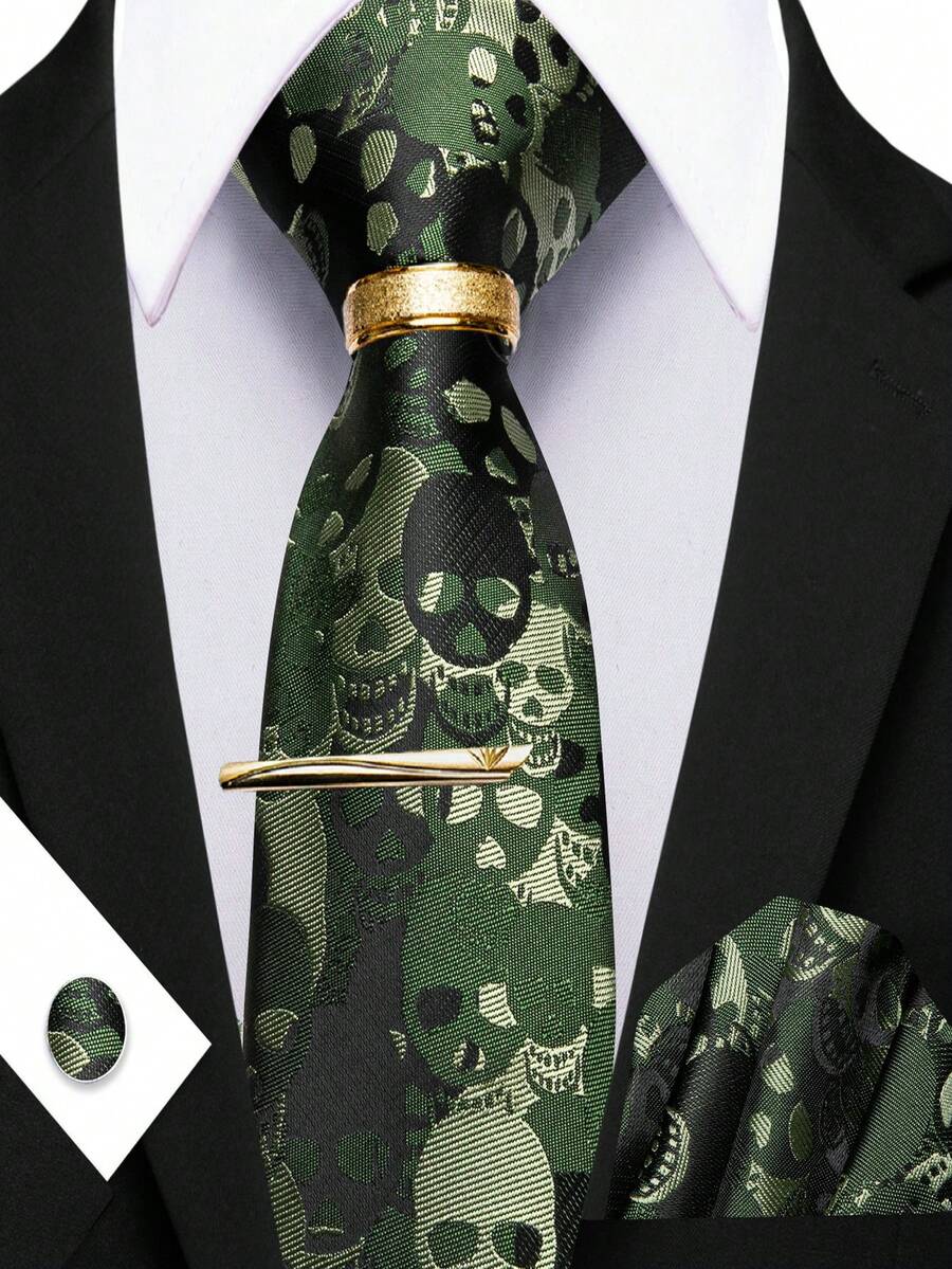 5Pcs Men Accessory Kit, Unique Green Skull Print, Complete Matching Combo For Groom Daily & Party Wear - Green - View 1