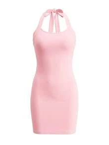 LovelyWholesale Women's Sexy Spaghetti Strap Solid Color Fitted Mini Summer Dress Elegant - Pink - View 7