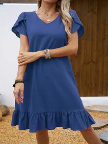 Women's Dress With V-Neck, Shell Sleeves And Ruffles - Blue - View 5