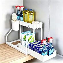 1/2pcs Kitchen Storage Rack, Multi-Functional Organizer Shelf, Under Sink Storage Rack, Pull-Out Cabinet Organizer, Double-Layer Sliding Sink Shelf, Cabinet Storage Rack, Kitchen And Bathroom Cabinet Accessories - Multicolor - View 4