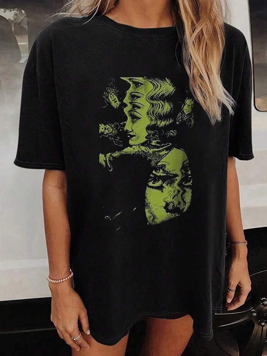 Women's Short-Sleeved T-Shirt With Vintage Drop Neck, Loose Fit And Print - 黑色 - 查看 1