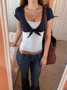 Women's V Neck Crop Tops Summer Short Sleeve Tie Front T-Shirt Slim Fit Solid Color Shrug Blouse - Blue - View 1