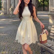 yonghongmaoyi1  Vestido de línea A con cintura recogida, sin mangas, con elegante estampado floral en color albaricoque, adecuado para primavera y verano - Albaricoque - Ver 4