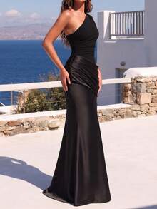 Women's Sexy One-Shoulder Fitted Long Dress, Brown, Elegant For Birthday, Cocktail Party - Black - View 5