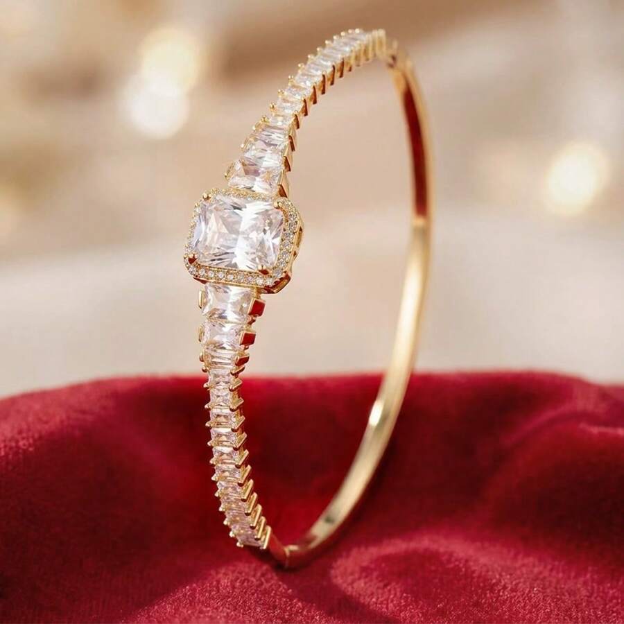 1pc Fashionable Geometric Square Design Cubic Zirconia Inlaid Bracelet For Women - Multicolor - View 1