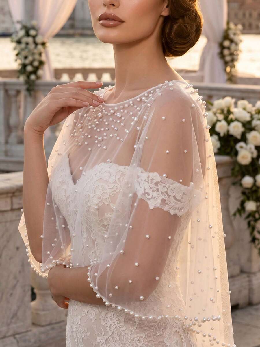 婚禮配件女款珍珠短前長後披肩披風，新娘披肩披風，晚宴披肩圍巾