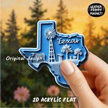 2D Flat Acrylic Refrigerator Magnet, Suitable For New Year And Valentine's Day, Dishwasher . It Features Minimalist Blue And White State Map Art, Including Windmill And Farm Icons, Perfect For Texans. - A - View 2