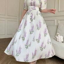 Nuevo vestido de vacaciones con cuello en V, cintura fruncida, estampado floral diminuto y mangas abullonadas, elegante y estilizador . - Multicolor - Ver 3