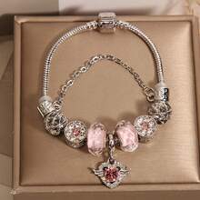 1 pieza Pulsera de cuentas con alas de ángel de cristal rosa estilo dulce con cadena de serpiente plateada, accesorio versátil para uso diario - Pulsera con alas de ángel - Ver 7
