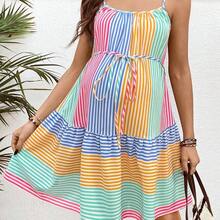 WNSS  Vestido corto casual de maternidad con tirantes finos y diseño de rayas multicolor para mujeres embarazadas - Multicolor - Ver 5