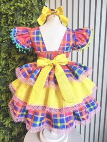 Children's Checkered Dress For June Festival, Colorful Pink And Yellow, Ruffles And Ribbons, Country Style, Luxury - Nhiều màu - Xem 3
