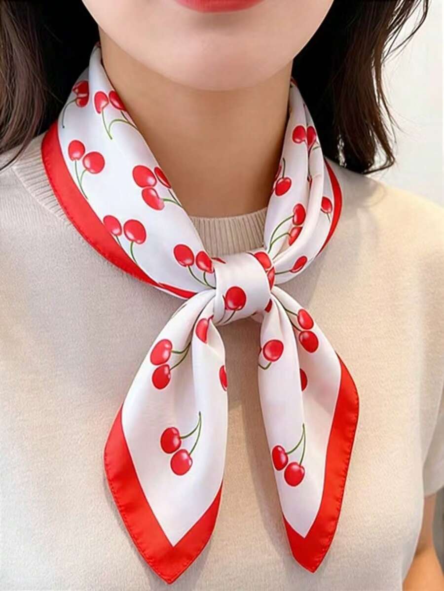1件 櫻桃印花 70cm 女款多功能腰帶裝飾頭巾 絲巾 頭帶 時尚圍巾 頭飾 情人節穿搭配件 - 彩色 - 查看 1