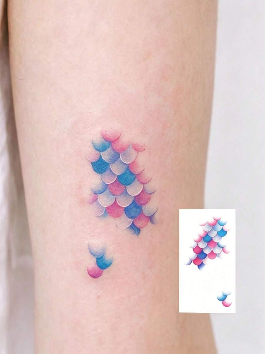 1pc Gradient Fish Scale Temporary Tattoo Sticker, Mermaid Tail Design, Pink-Blue Gradient/Deep Sea Blue Gradient/Light Blue Ink Style, Suitable For Wrist, Collarbone, Neck And Multiple Body Parts, Perfect For Daily And Party Looks, Create Romantic Mermaid Vibe - Multicolor - View 1
