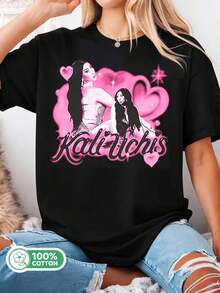 Pink  Heart Retro Graphic 100% Cotton Aesthetic Tee - Black - View 1