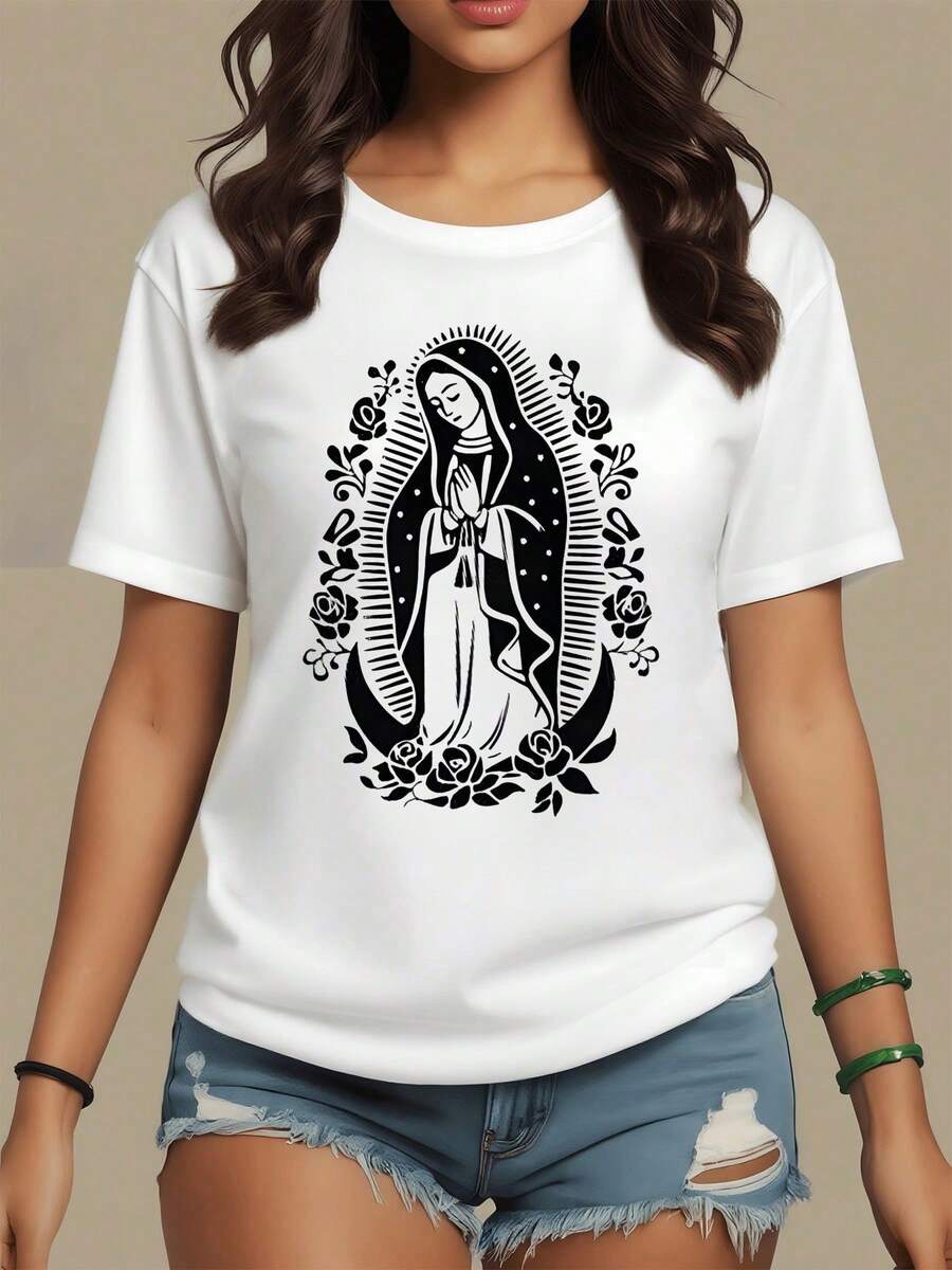 Women's 100% Cotton 180g T-Shirt, Featuring An Image Of The Virgin Of Guadalupe Surrounded By Flowers Symbolizing Faith, Hope, And Love, With An Aura Of Light And Devotion. Soft And Comfortable 100% Cotton T-Shirt For Women. - 白色 - 查看 1