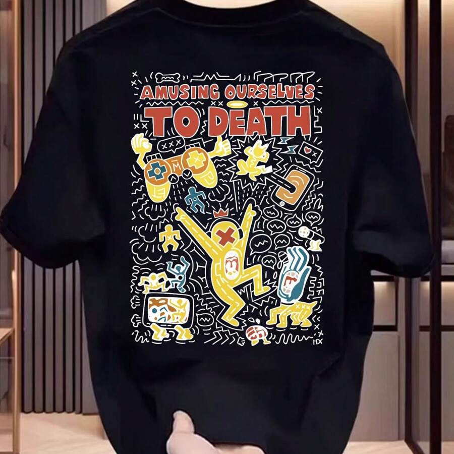Camiseta de manga corta de puro algodón para hombre con diseño loco de gaming hip-hop estilo americano1 - Negro - Ver 1