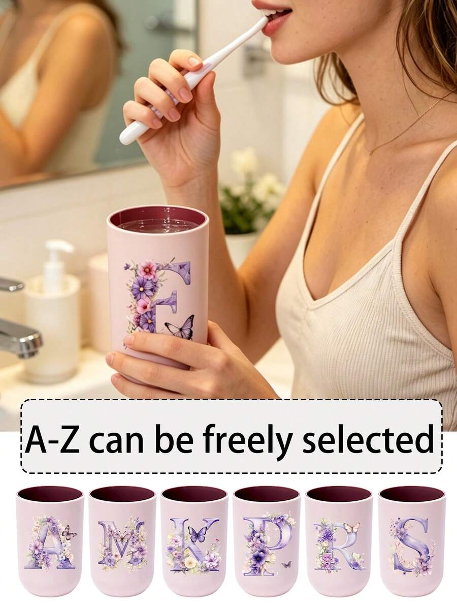 便攜旅行牙刷杯，印有 A-Z 花卉字母，花卉圖案，牙刷架蓋，可拆卸牙刷杯，旅行洗漱杯，便攜旅行美容杯，字母系列印花防塵收納盒，戶外牙刷收納盒，適用於旅行、露營、商務出差、學校、戶外活動、節日禮物、生日禮物、返校季、開學季禮物（粉紅色）