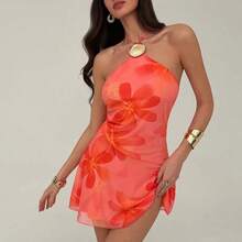 ghadjgyjad  Vestido mini con estampado floral y cuello halter con lazo, adecuado para vacaciones, citas y salidas - Rosa - Ver 4