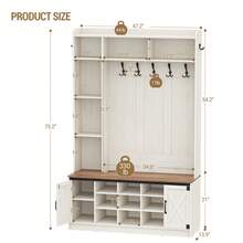 HaluPeit 47.2" Hall Tree, LED Farmhouse Entryway Storage And Coat Rack Wood, Entryway Furniture With 7 Hooks, Hall Tree With Bench And Storage, 6 Storages Partitions Shoe Bench, Rustic White - White - View 2