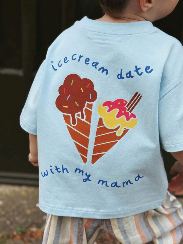 1 pieza Camiseta de niño pequeño con estampado de helado refrescante y letras, camiseta holgada y transpirable casual para niños para uso diario en verano, actividades al aire libre