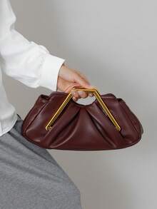 Wine Red Pleated Cloud Clutch Bag With Metal Frame, Luxury Vintage Style Wedding Date Niche High-End Women's Bag, Suitable For College, Commute, Shopping, Strolling, Daily Use - Burgundy - View 5
