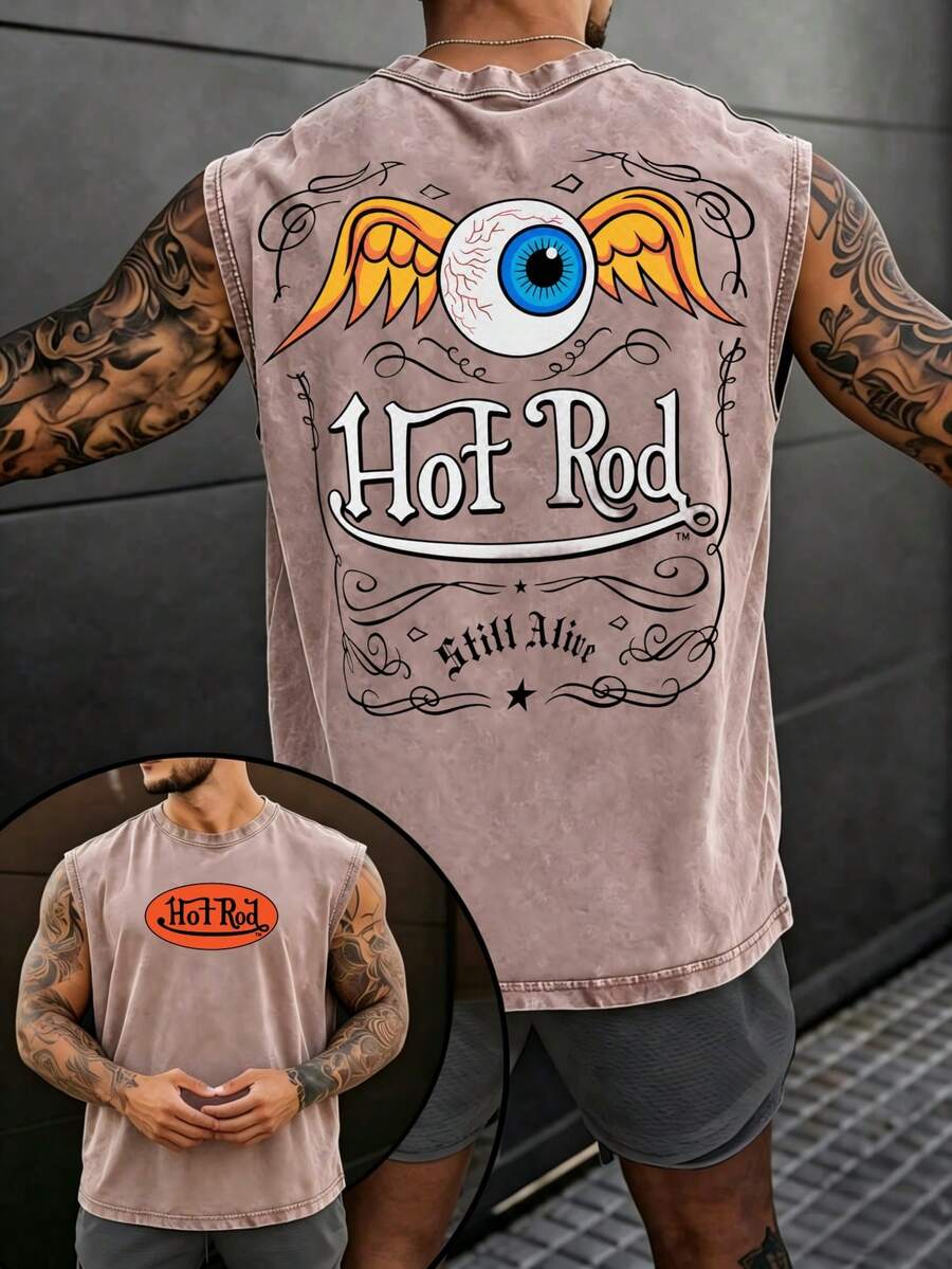 Summer Men Coffee Brown Washed Vonss Dutchss Streetwear Sleeveless Tank Top With Eye And Wings Graphic Print Y2K Fathers Day Gift - Màu Khaki - Xem 1