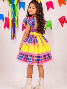 Children's Checkered Dress For June Festival, Colorful Pink And Yellow, Ruffles And Ribbons, Country Style, Luxury - Nhiều màu - Xem 8