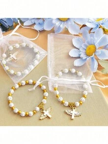 12pcs Baptism Souvenirs Acrylic Pearl Elastic Bracelets With White Organza Bags, Christ Baptism/Communion Party Guest Favors - Multicolor - View 5