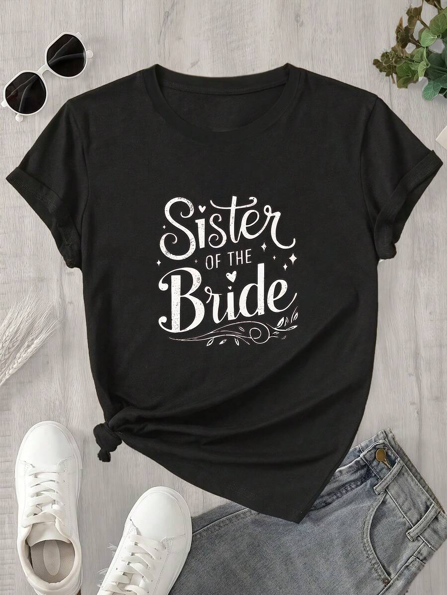 Camiseta de manga corta y cuello redondo para mujer con ilustración, que lleva impresas las palabras "hermana de la novia", adecuada para todas las estaciones. - Negro - Ver 1