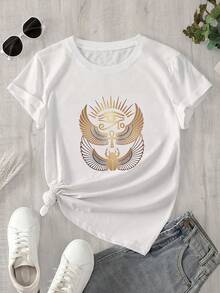 Camiseta de manga corta con cuello redondo para mujer, estampada con un símbolo global, apta para todas las estaciones. - Blanco - Ver 1