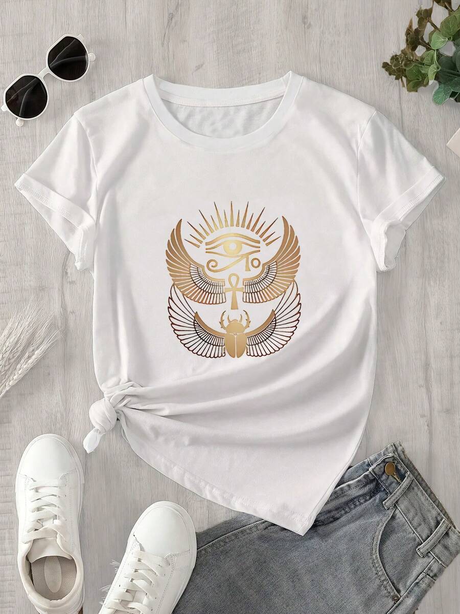 Camiseta de manga corta con cuello redondo para mujer, estampada con un símbolo global, apta para todas las estaciones. - Blanco - Ver 1