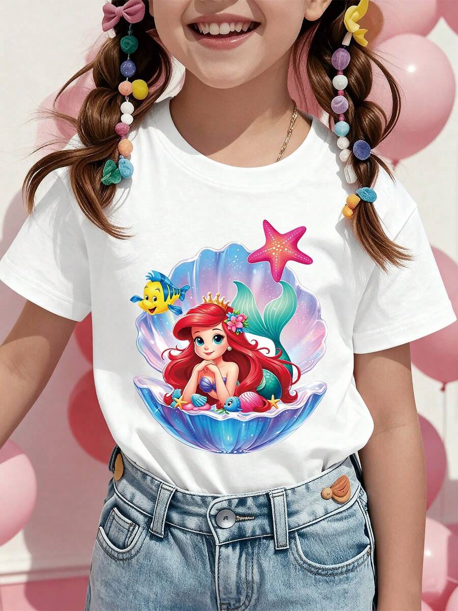 Disney Li Ttle Mermaid Ariel Flounder Starfish Print Girls Tee Cute Comfy All Year Great For Parties Play Washable Lovely Gift For Girls - White - View 1