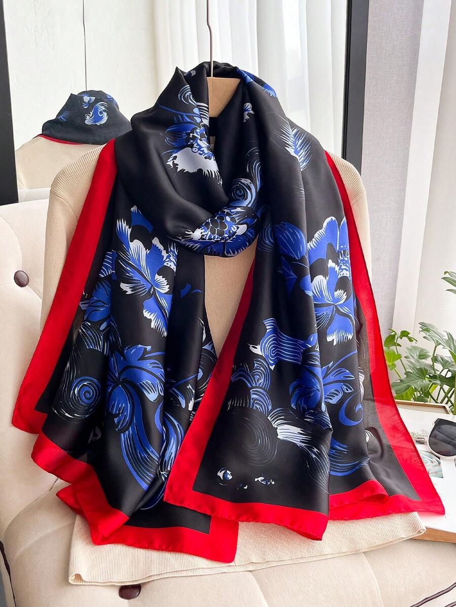 1件女款仿絲印花春/秋季時尚百搭披肩旅行圍巾日常裝飾 - 黑色 - 查看 1