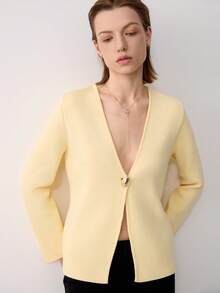 Casual Versatile Minimalist Butter Yellow Knit Cardigan - Yellow - View 3
