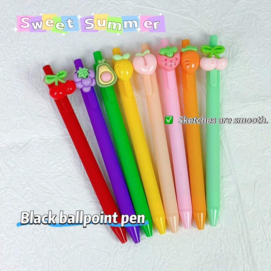 8pcs/Set Fruit Pattern Retractable Gel Pens, Cute Highly Attractive Black Ink Ballpoint Pens, Minimalist Student Writing Pens, Office Signature Pens, Holiday Event Gift Pens, Back To School - Black Click Pen - View 1