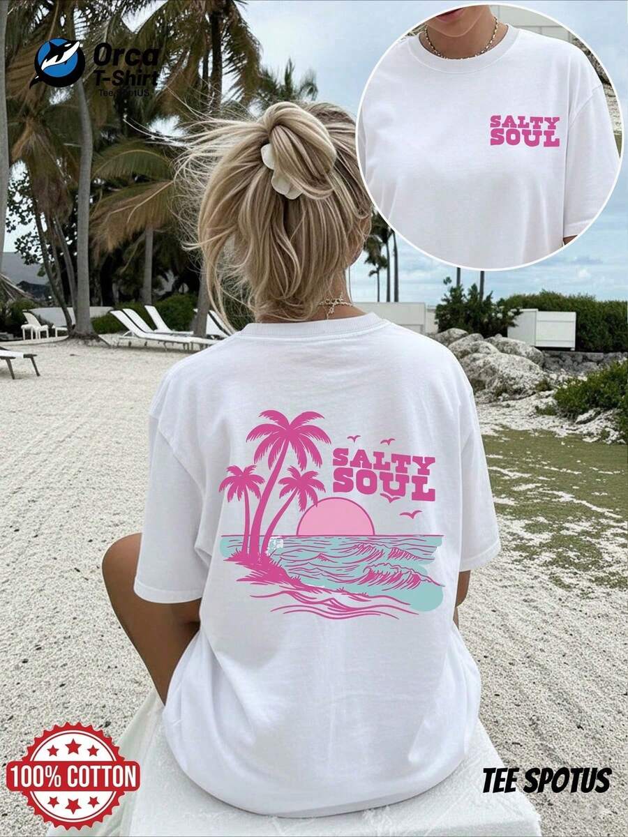 Minimalist. 100% Cotton. 1 Piece. Leisure, Fashion [Double-Sided Print]. Women's 100% Cotton Casual Short-Sleeved Round Neck T-Shirt For Spring And Summer. Fashionable And Casual Women's Loose-Fit Top. SALTY SOUL Women's Casual Summer Top With Coconut Tree And Wave Print, Suitable For Summer Beach Vacations, Machine Washable, Comfortable Fabric, Loose Fit. Spring/Summer Top. - 白色 - 查看 1