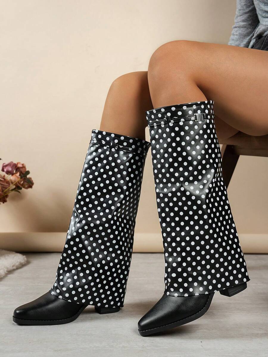 1 Pair Foldable Pleated Boots Fashion Buckle Thick Heel Comfortable Polka Dot Decor Shoe Upper Western Casual PU Over-The-Knee Boots Suitable For Autumn/Winter Vacation And Party Women's Knee-High Boots Wedge High Heel Boots Pull-On Shaft Knee-High Boots Round Toe Designer Luxury Long Boots Suitable For Daily Versatile Women's Boots
