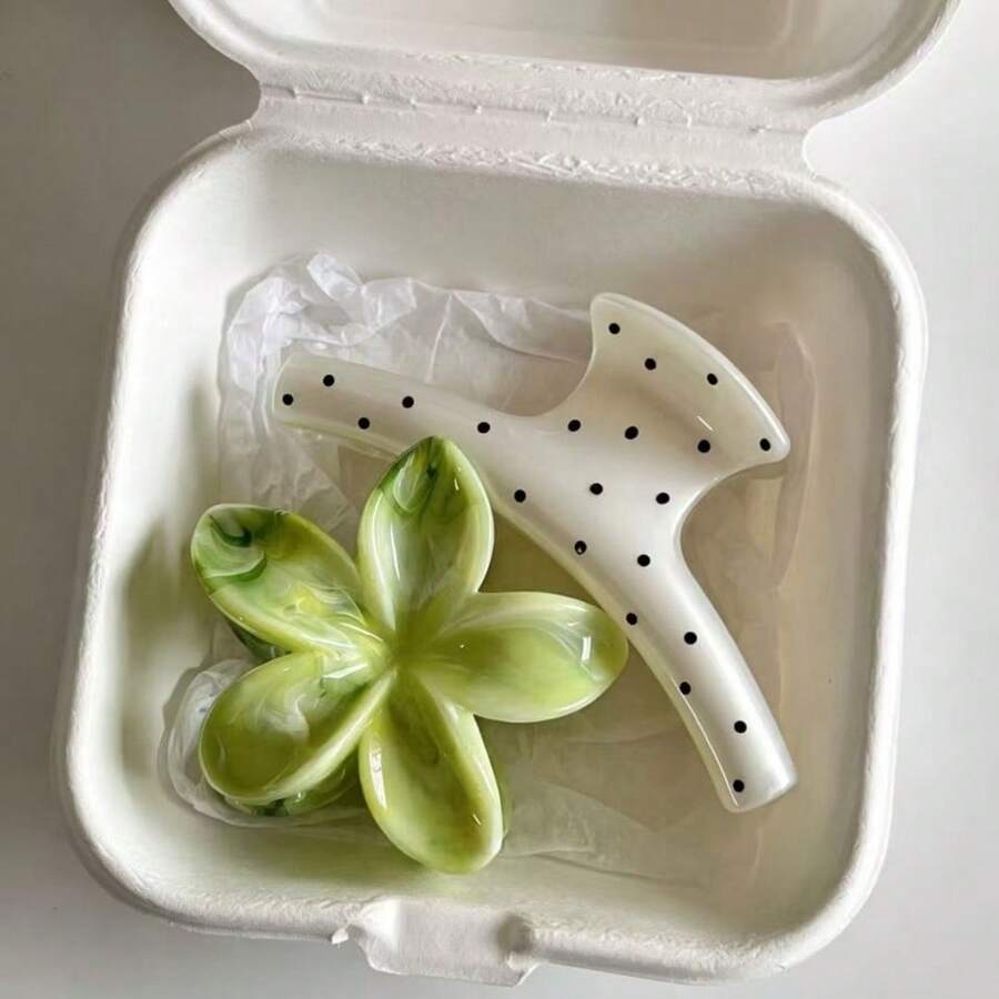 2pcs Fresh Green Plumeria Flower Fashion Minimalist White Polka Dot Shark Hair Claw Clip Elegant Back Of Head Hair Clip For Updo Large Hair Volume Hair Accessory, Designed For Women, Suitable For Daily, Casual, Party, Commute, Beach, Ponytail And Bun Hairstyles; Also Used For Makeup And Outfit Matching, Ideal Hair Accessory For Summer Outfits, Suitable For Travel And Birthday Occasions. - Multicolor - View 1