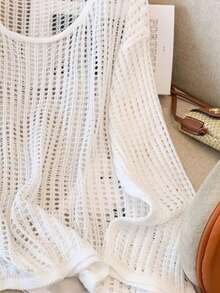 Women's Boho Vintage White Crochet Hollow Out Long Sleeve Round Neck Crop Cover Up, Semi-Sheer Vacation Romantic Style Top - Màu trắng - Hình tròn - Xem 3