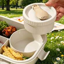 Multi-Compartment Leak-Proof Fresh-Keeping Box With Utensils, Portable Bento Box For Outdoor Picnic, Beige, 1000ml Capacity - Multicolor - View 3