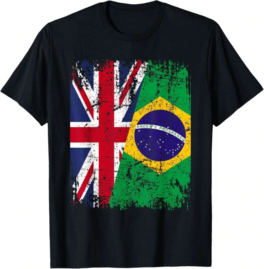 BRAZIL Half BRITAIN UK Friendship Flag BRAZILIAN T-Shirt - 黑色 - 查看 1