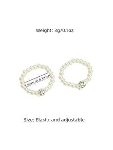 2 piezas Anillos elásticos de resina con perlas falsas y strass, juego de anillos de cuerda elástica con cuentas minimalistas, joyería versátil para mujeres - Blanco - Ver 4