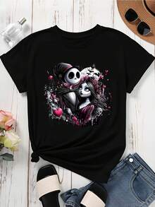 Disney Women Casual Short Sleeve T Shirt  Black Jack Skellington And Sally Couple Print For Halloween Party And Daily Wear - 黑色 - 查看 3