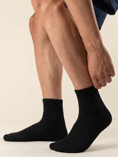 1/5/10/20 Pairs Men's Pure Black Casual Sports Mid-Calf Socks, Comfortable Breathable Moisture-Wicking Odor-Resistant Socks, Suitable For All Seasons Daily And Outdoor Sports Wear