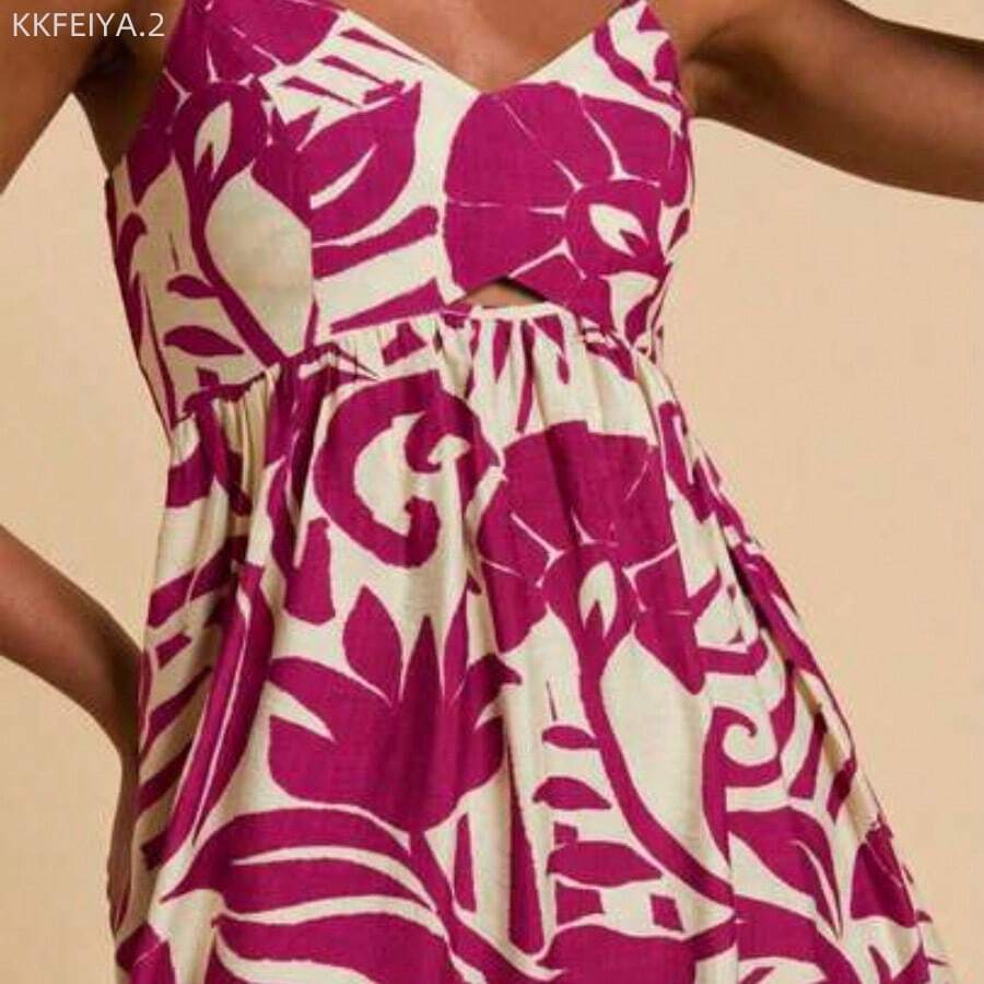 Soqi Women's Clothing Vestido corto de mujer con tirantes finos y estampado tejido - Rojo violeta - Ver 1