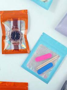 100/30/10pcs Holographic Sealed Bags, Laser Colorful Self-Sealing Bags, Jewelry Bags, Rainbow Foil Bags, Metallic Bags, Holographic Packaging Bags, Back To School Essentials. - Pink - View 3