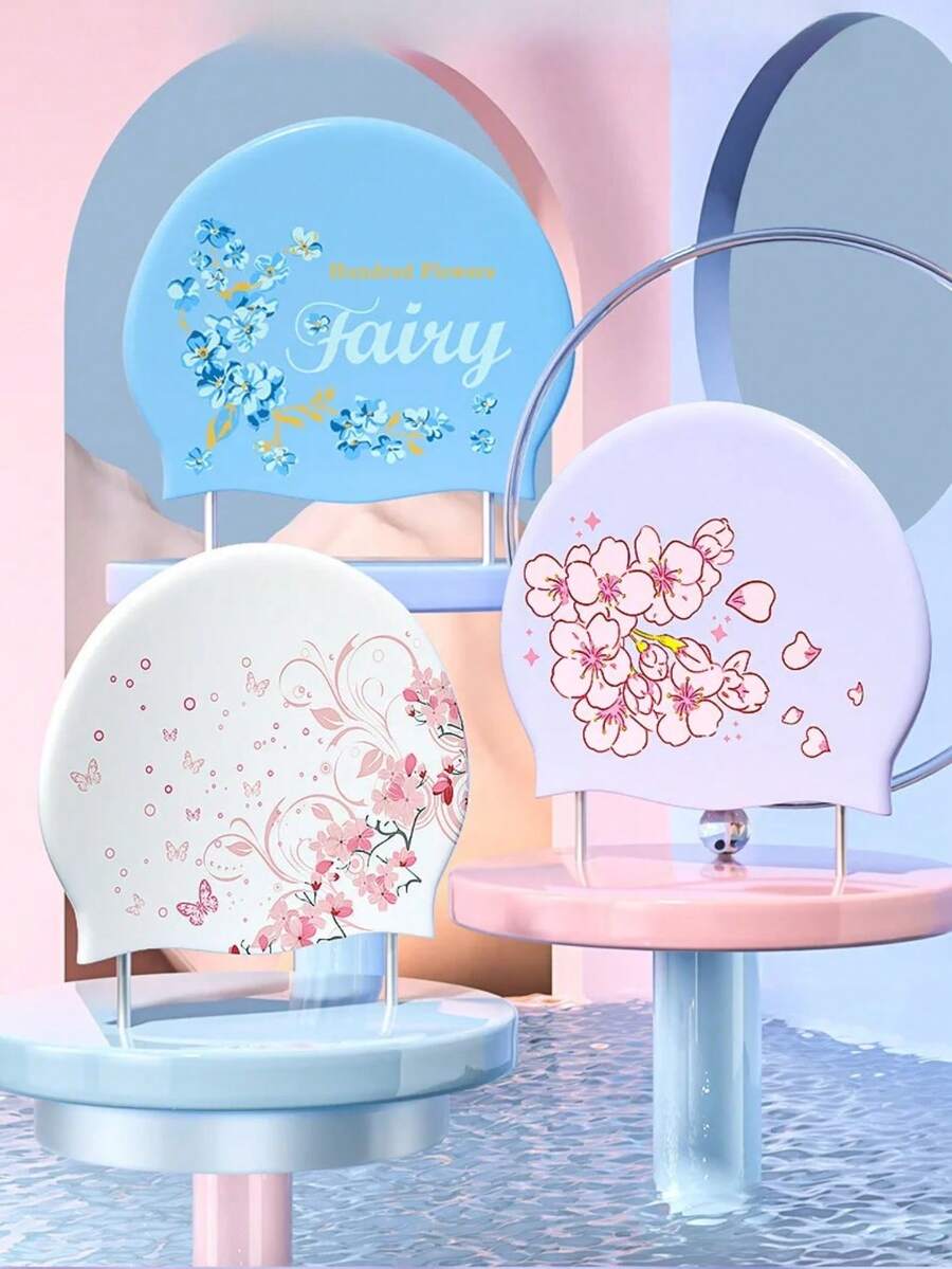 1PC Fashion Sakura Floral Pattern Swim Cap Elastic Silicone Waterproof Comfortable Women Swimming Accessories Caps - Multicolor - View 1
